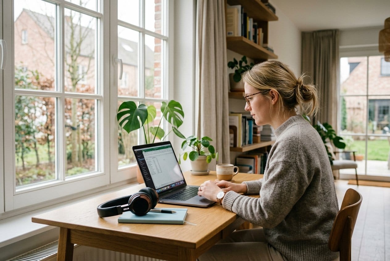 Freelancer aan het werk in een licht thuiskantoor