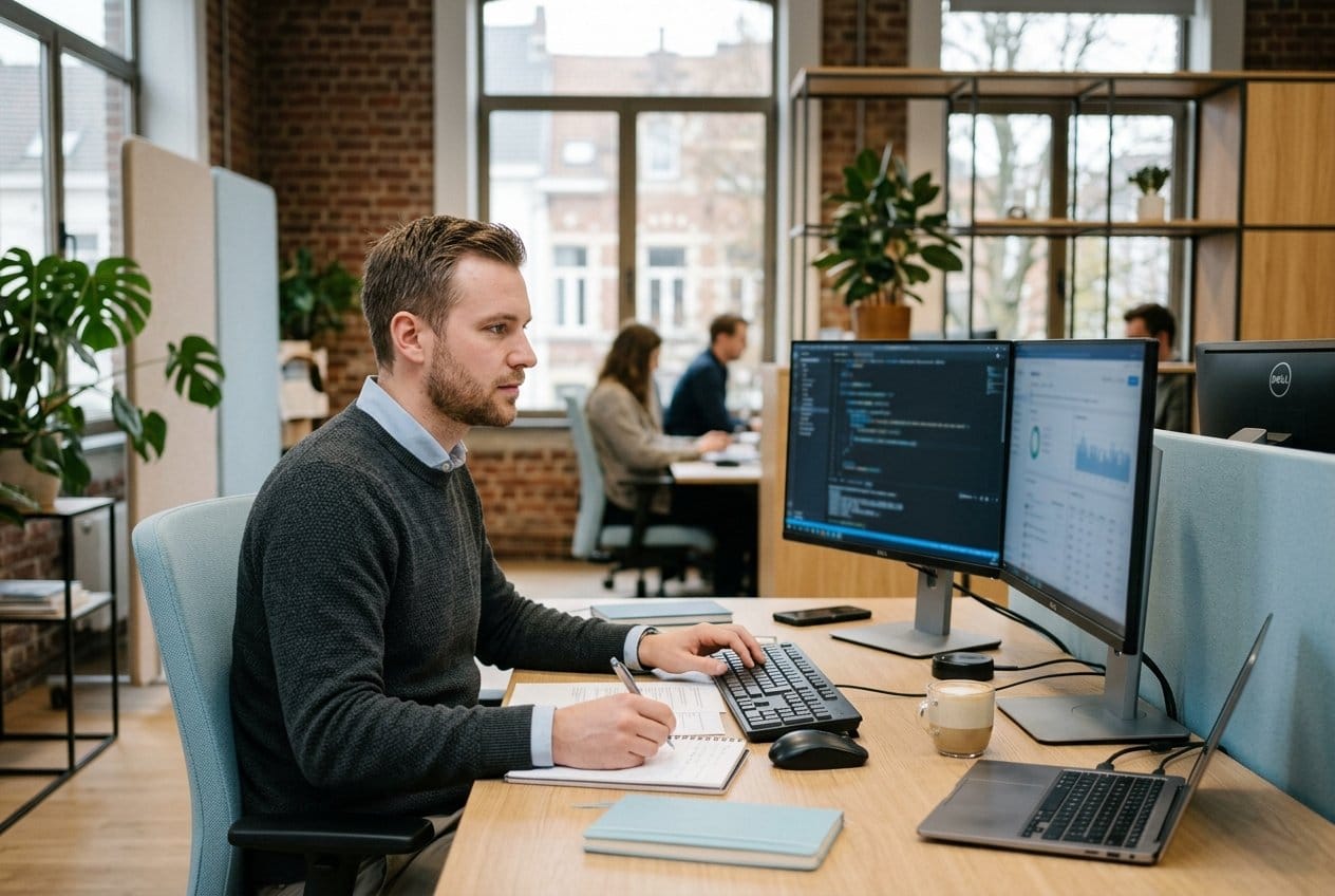 IT-consultant aan het werk met twee schermen