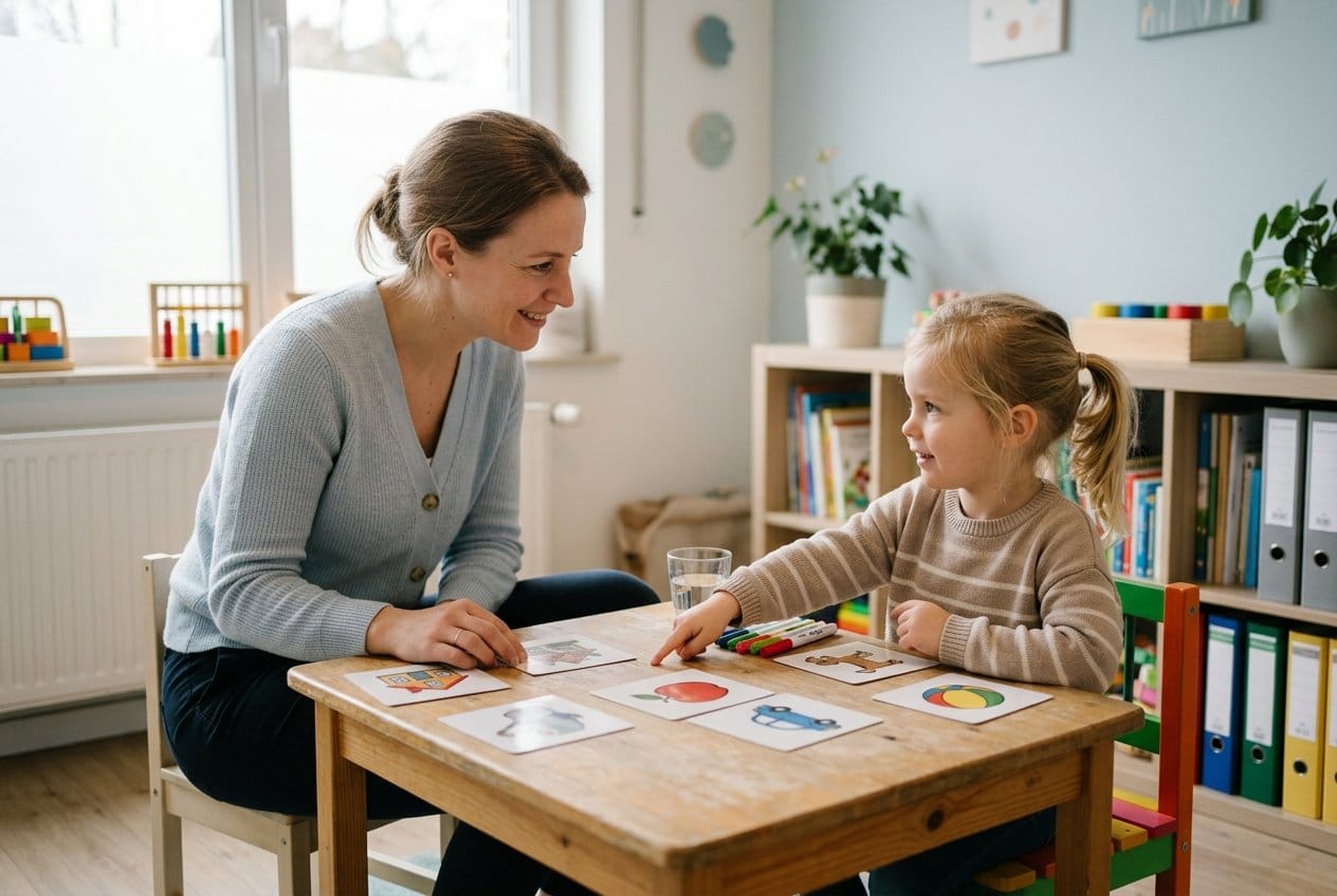 Logopedist werkt met een kind aan tafel