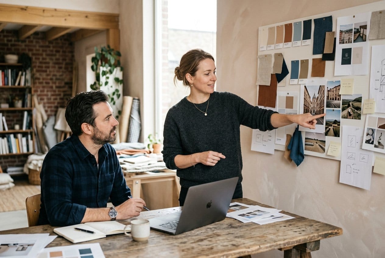 Marketing consultant bij een moodboard in een creatieve studio