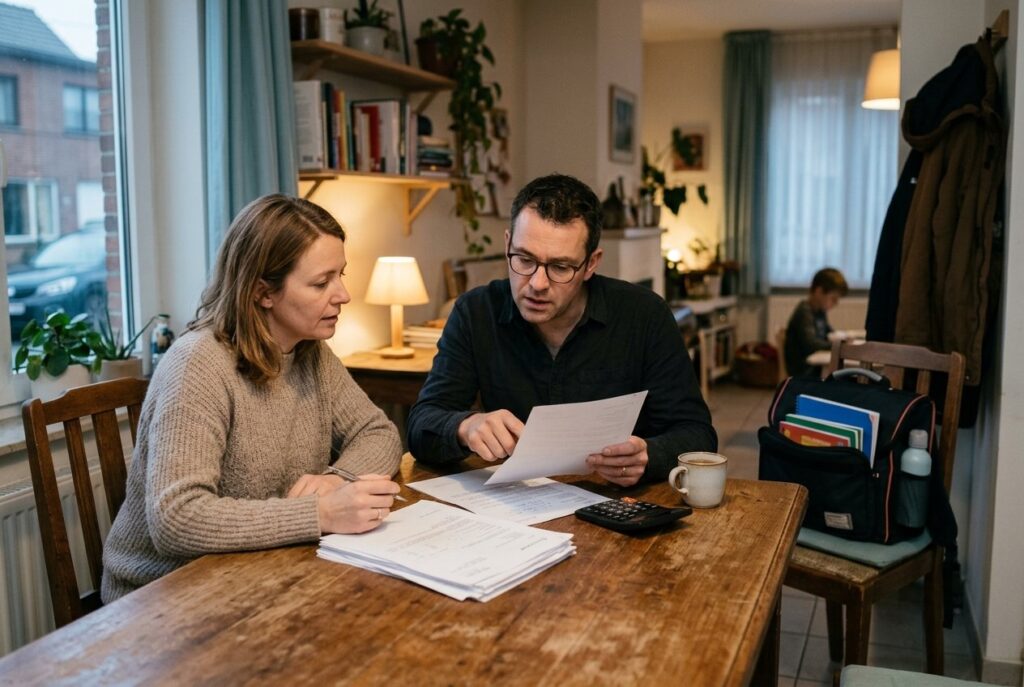 Gezin bekijkt documenten aan de keukentafel na de Septemberverklaring 2026